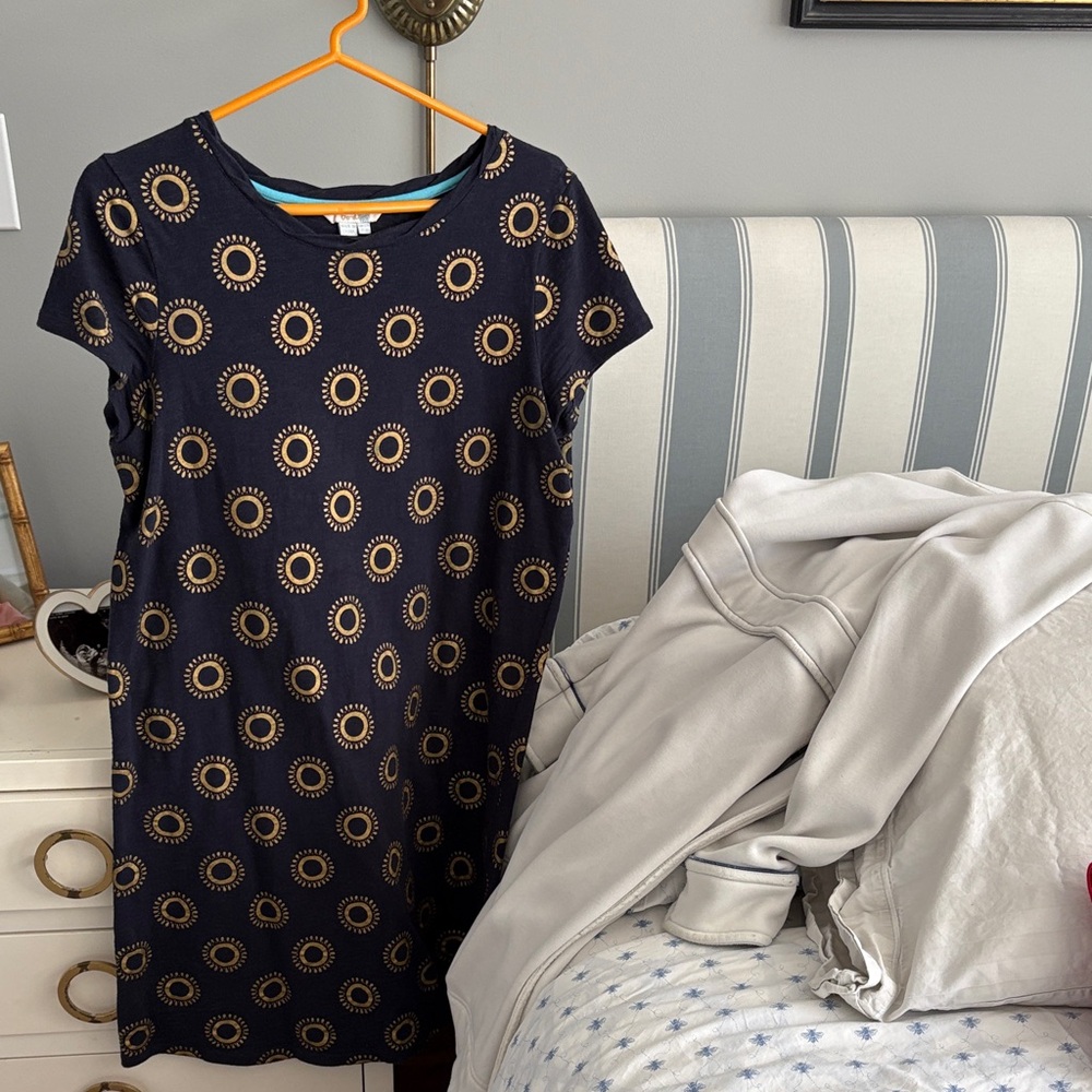 Boden Navy Dress with Gold Circle Print